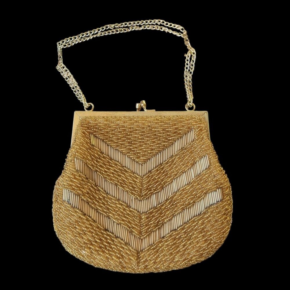 Vintage 60s MAGID Gold Glass Bead Evening Bag